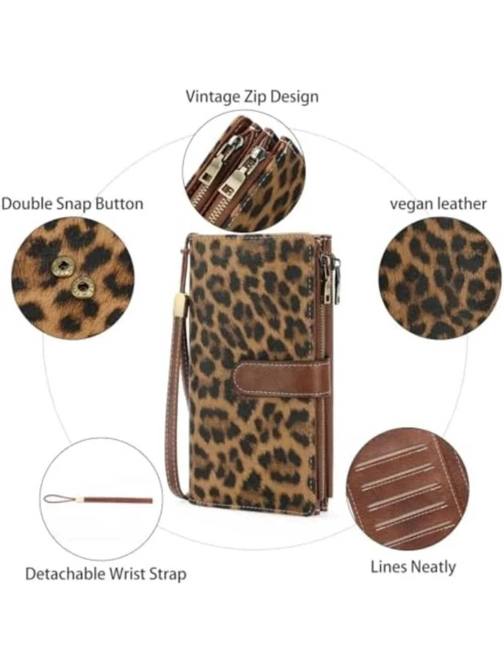 Stylish Large Leather Wallet for Women - Leopard Print Wristlet Clutch, Chic